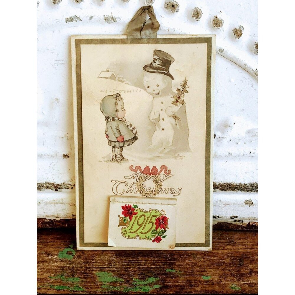 Antique 1915 Die cut Calendar Card Girl Snowman